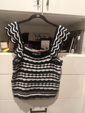 Autumn Cashmere Navy and White Striped Ruffle-Trim Knit Tank